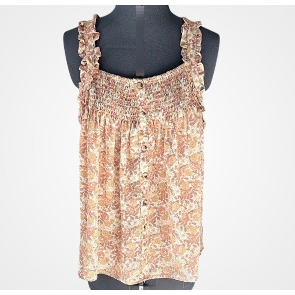 Hem & Thread Floral‎ Smocked Button Front Ruffle Tank Top Peach Brown Med